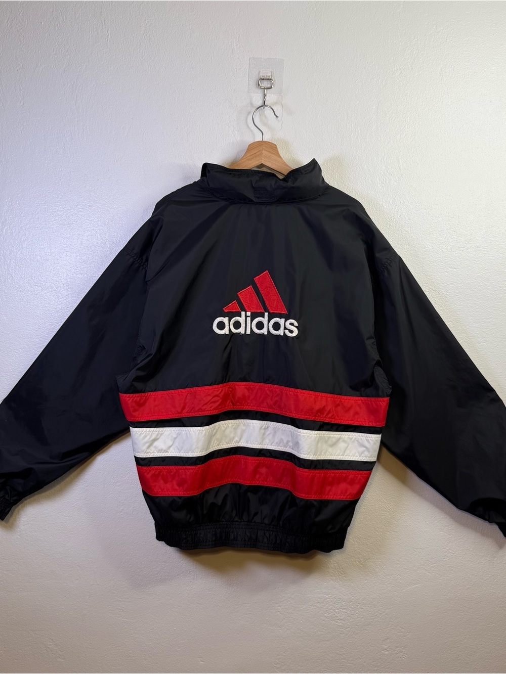 Vintage 90s Adidas Windbreaker Jacket Black Red Large Back Logo Men's Size Large